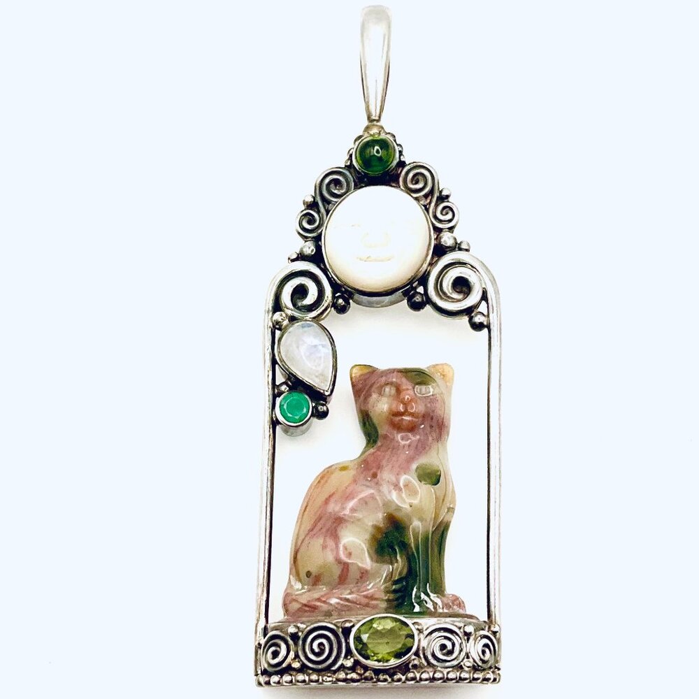 SAJEN Cat & Moon Pendant With Jade, Moonstone, Peridot 925 Silver